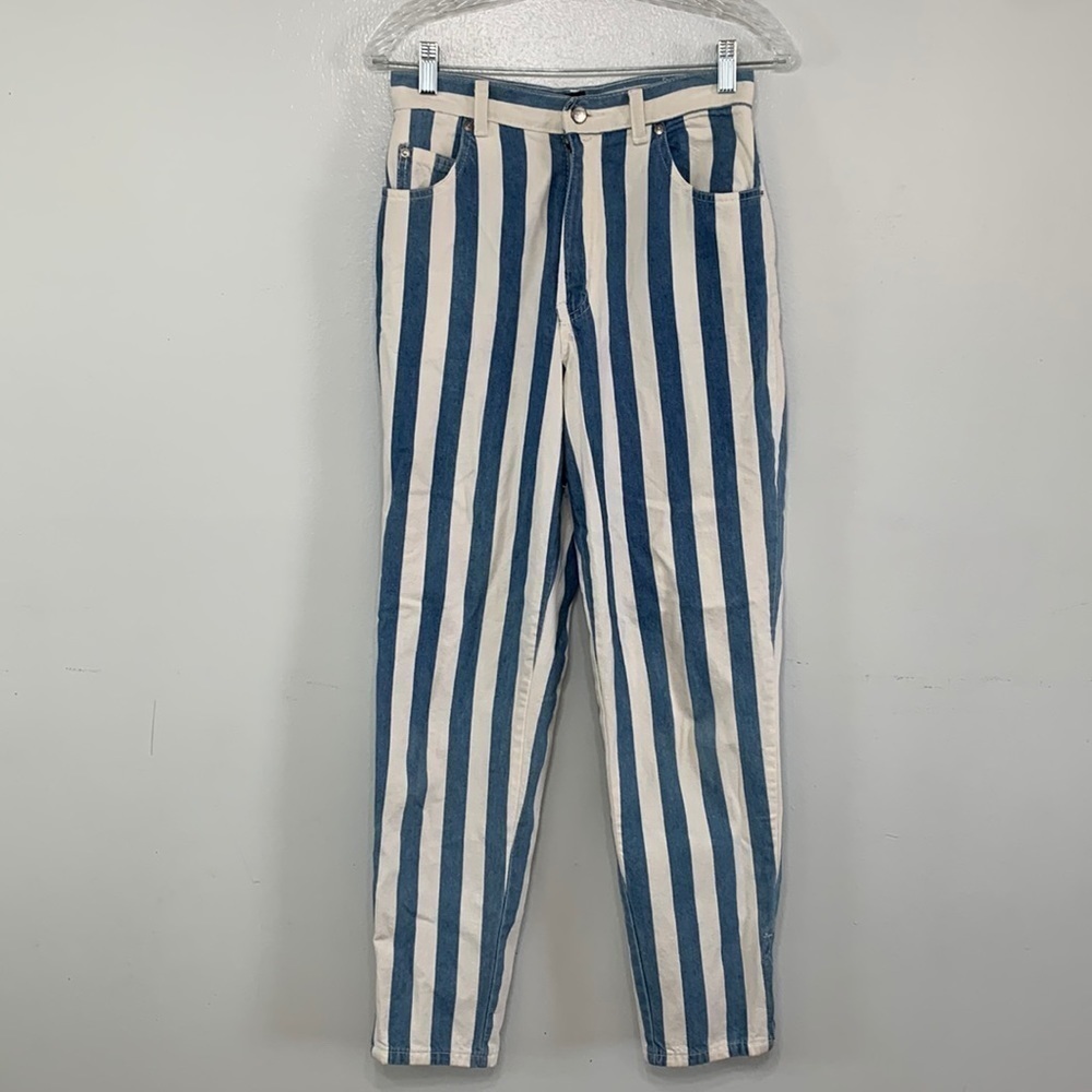 Vintage 90s Sasson Blue White Vertical Striped High Waisted Mom Jeans Size 7